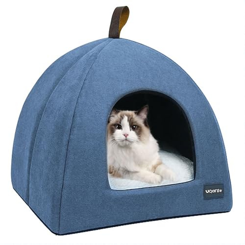 Voarge Cama Gato Cueva, Cueva Suave Gato, Suave Felpa Cálida Camas para Gatos, Nido de Gato con Cojín Interior Extraíble y Lavable, Azul, Small