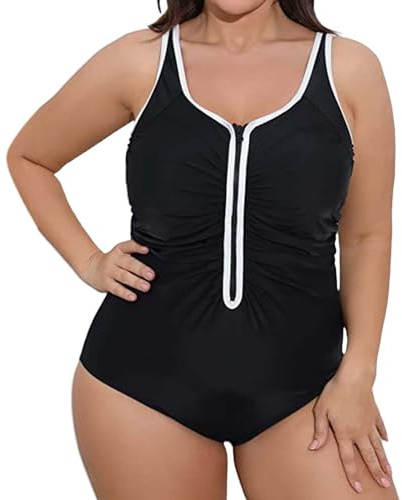 Generisch Badeanzug Mit Polster Damen mit Reißverschluss, Übergröße, gerüschter Badeanzug, Push-Up-Badebekleidung Schwimmanzug Bauchweg (Black, XXXXL)