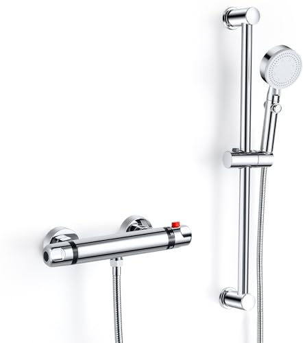 ROWINNAO Thermostatic Shower Mixer, Bathroom Accessory Shower Set with Wall Mounted Thermostatic Mixer Tap, Adjustable Shower Rod 635mm, Hand Shower 5 Jets, Hose 1.5M, G 1/2'', Chrome