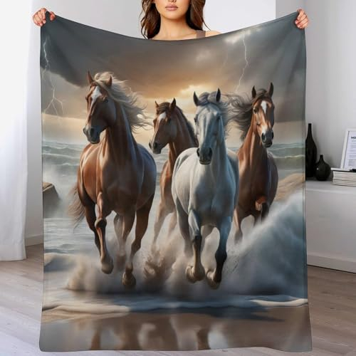 Pferd Decke,Vier Jahreszeiten Weich Wohndecke Decke Schlafdecke Sofadecke Plüschdecke Pelzdecke Printdesign Couchdecke Flannel Bett Decke（180×200cm）