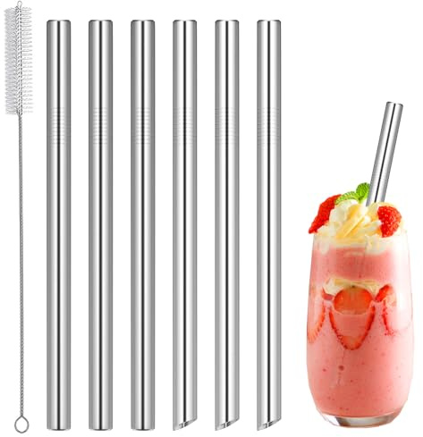 6pcs Boba Straws Metal Straws, 12mm Wide 21cm Reusable Bubble Tea Straw | Stainless Steel Extra Wide Drinking Straw with 8.5inch Long Straws Cleaner for Cocktail, Milkshake and Smoothie