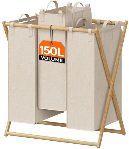 Lifewit 150L Cesto Portabiancheria 3 Scomparti, Grande Cesta Portabiancheria Sporca Bambù, Porta Biancheria Sporca per Bagno con 3 Sacco Rimovibile per Lavanderia, Camera da Letto, Bagno, Beige