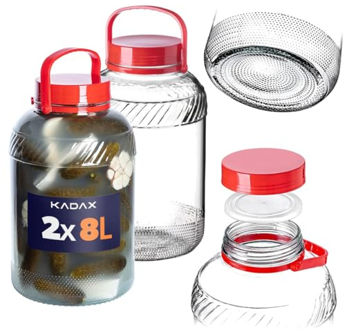 KADAX Grand Bocal de Fermentation en Verre, Récipient de Conservation avec Couvercle Hermétique, Idéal pour la Préparation de Cornichons et Choucroute (8L, Lot de 2)