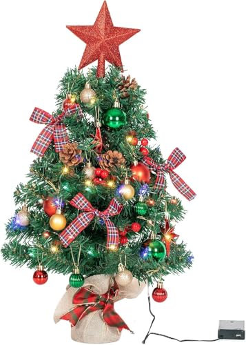 NALONE Mini Weihnachtsbaum mit Beleuchtung LED Tisch und Timer, 24 Zoll Schnee beflockt Kleiner Weihnachtsbaum mit 27 Pcs Ornamenten, 90 Zweigspitzen Tischweihnachtsbaum (Rot)