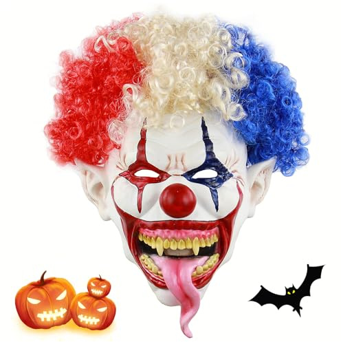 HUIKUANGEU Clown Maske,Horror Clown Maske,Maske Killer Clown,Halloween Maskes,mit Bunter Perücke,Killer Clowns Latex Maskes Halloween Kostüm,für Halloween Horror Partys