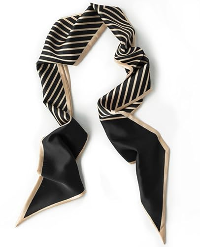 Clysoru Silk Neck Scarf Printed Scarves Head Women'S Fashion Oblique Angle Satin Scarfs For Bag Hair 59” X 5.9” (Black gold twill)