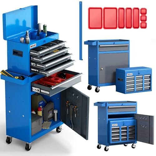 AIRAJ Tool Chest with 7 Drawers, 2-in-1 Removable Tool Cabinet with 8 Parts Storage Boxes, Hooks, 2 Brake Wheels, Large Capacity Removable Tool Chest Suitable for Garages, Repair Shops, etc