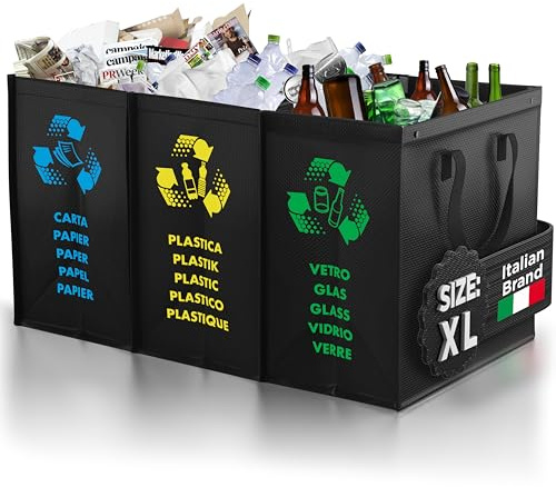 PTMS® Borse Raccolta Differenziata MAXI XL - 3 Bidoni Differenziata da Interno ed Esterno per Carta, Plastica e Vetro - Set Pattumiera Differenziata extra grandi in Colore di Riciclaggio