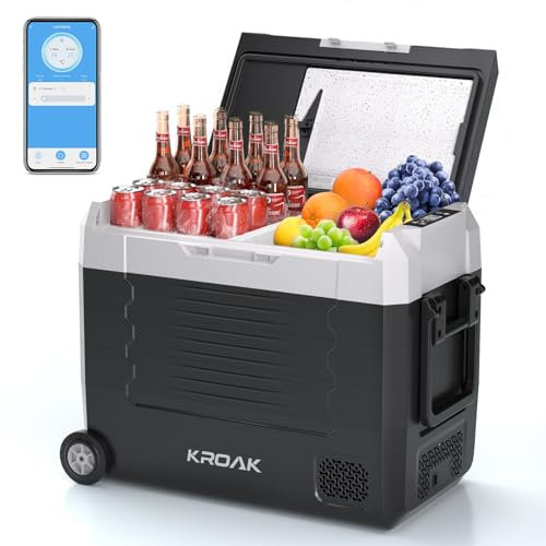 KROAK Frigo Portatile Auto 55L con Ruote e Controllo Bluetooth, Frigoriferi Portatile Elettrico Doppia Zona (-20℃~20℃) 45W per Campeggio/Picnic/Viaggio in Famiglia, 12/24V DC + 220V AC