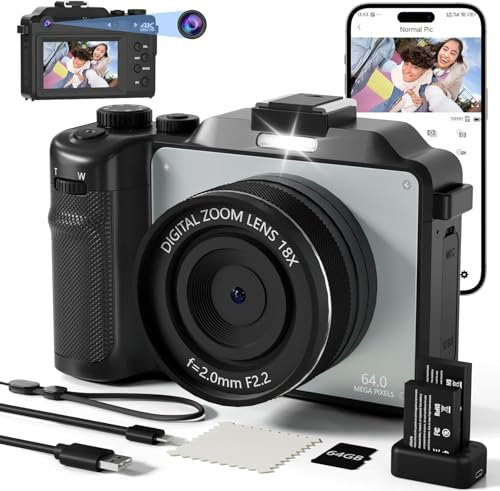 4K Camera - 48MP WiFi Digital Camera with 3.0 Screen, Compact DigitalCamera with 18X Zoom, Dual Lens Selfie Function, 64GB TF Card