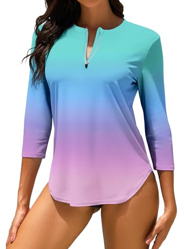 WOWENY UV Shirt Damen Schwimmshirt 3/4 Arm Rashguard mit 1/4 Zip UPF 50+ UV Schutz Schnelltrocknend Badeshirt für Wassersport Surf Strand