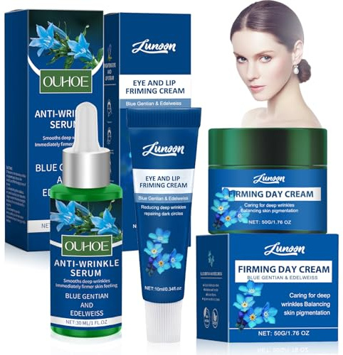 Crema de Genciana Azul, Crema Contorno de Ojos y Sérum Facial Redensificante, con Genciana Azul y Edelweiss, Crema Hidratante Facial Mujer, Antienvejecimiento, Antiedad, Reafirma