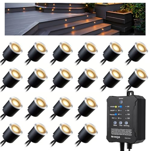 Arotelicht 20er LED Bodeneinbaustrahler Dimmbar Aussen 0,6W Warmweiß mit Timer und Photozellensensor 12V Transformator Ø32mm Terrassen Einbaustrahler IP67 Wasserdicht Garten Balkon Einbauleuchte