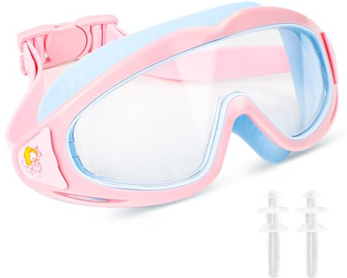 Schwimmbrille Kinder, Taucherbrille Kinder 3-15 Jahre Anti-Beschlag, wasserdichte Schwimmbrille Schnorchelmaske 180° Panorama Anti-Leck Tauchmaske für Jungen Mädchen (Rosa)