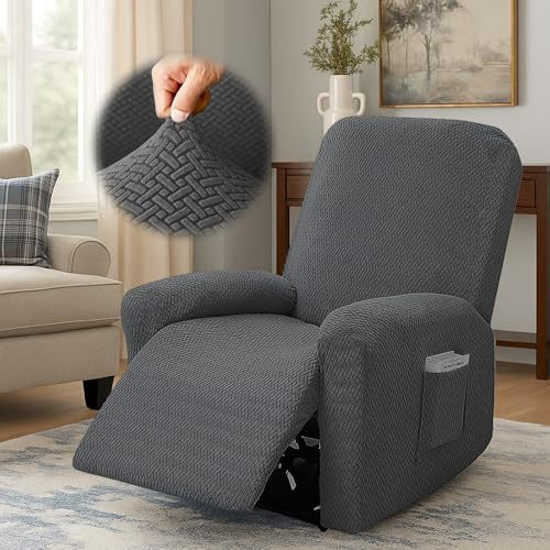 Yunlaishaocer 4-Teilig Sesselbezug rutschfest,Sesselbezuge Stretch mit Taschen,Sesselbezug Stretchhusse,Streifen Jacquard Sesselschoner für Fernsehsessel Relaxsessel Sesselhusse(Dunkelgrau)