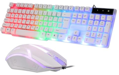 Teclado USB de Computadora Blanco Cable y Retroiluminación | Plástico, Teclas Ergonómicas para Reducción de Fatiga, Uso Diario y Gaming, Conexión USB para Portátil y Escritorio