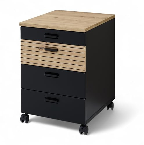 Glenn Rollcontainer Schreibtisch Schwarz und Artisan Eiche Optik | 45 x 66 x 55 cm (B/H/T), 4 Schubkästen, Lamellenoptik, 4 Rollen, 2 Rollen mit Bremse, abnehmbarer Sockel