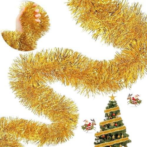 WJXKAZYX Guirnalda Navidad 10m Dorado Guirnaldas Navideñas, Espumillon arbol Navidad, Grinalda Natal, Espumillón Dorado Adornos Navideños para Exterior e Interior