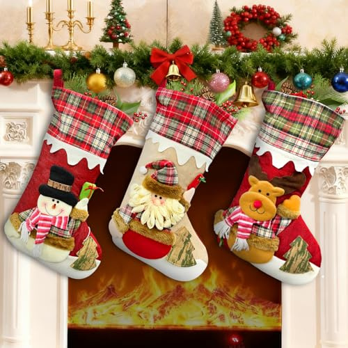 BEIUEN Weihnachtsstrumpf Set 3 Stück, Nikolausstrümpfe zum Befüllen,Weihnachtsdeko für Kamin, Weihnachten Socken mit Santa, Schneemann, Rentier für Kinder und Erwachsene