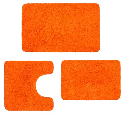 WCBSTT Badezimmerteppich-Set, Mikrofaser, rutschfeste Unterseite aus thermoplastischem Gummi, schnell trocknend, maschinenwaschbar für Schlafzimmer, Badewanne, Wohnzimmer, Orange, 3-teilig