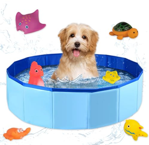 LWLWA Katzenpool, Faltbar Hundeplanschbecken, 50 x 10 cm | Blaue Oxford-Gewebe Planschbecken Hund, Katzen Pool mit Wasserspielzeug, für Kleine Hunde und Katzen zum Baden und Planschen