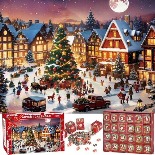 Puzzle Adventskalender 2025,24 Teile 1008 Teile Puzzles Countdown bis Weihnachten, Weihnachtsgeschenke für Erwachsene und Kinder, Hausdekoration
