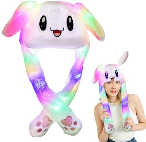 mizikuu Bonnet Oreille Qui Bouge, Chapeau de Lapin en Peluche LED Bonnet avec Oreilles Mobiles Chapeau Mignon avec Airbag pour d'Animal Cosplay Halloween Carnaval Cadeau Pâques, Blanc