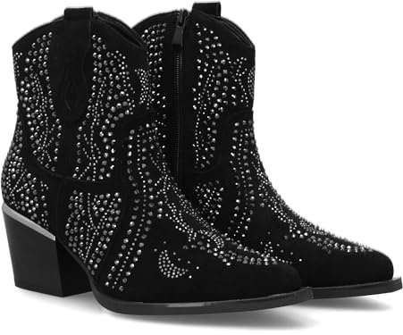 94661 Botin de Mujer con Estilo Vaquero, Detalles Brillantes y Cierre Comodo. Diseno de Tachuelas Brillantes, Tacon Cubano. Negro Talla 37