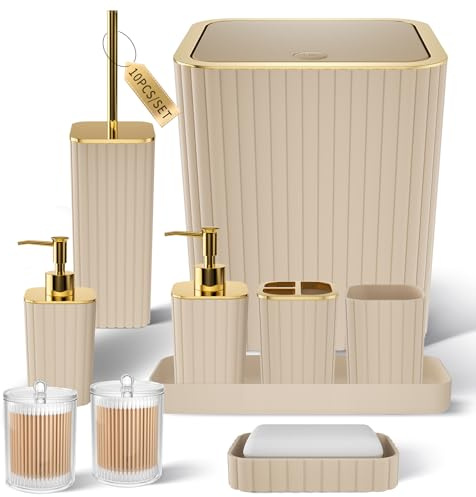XLHOMO Bathroom Accessories Set - Gorgeous Bathroom Set, 10PC Beige Bathroom Accessory Set, Toilet Brush, Trash Can & Soap Dispenser