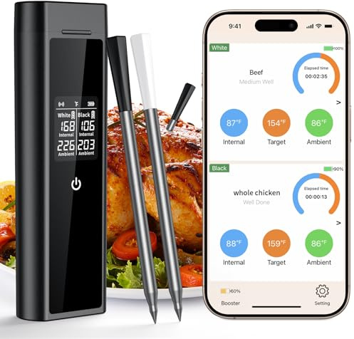Wireless Meat Thermometer, 2 Probes IP67 Waterproof, Smart APP, 250M Range, Bluetooth Digital Food Thermometer for BBQ, Smoker, Grill, Oven, Air Fryers, Kitchen, Bluetooth Cooking Thermo-meter UK