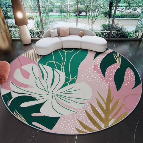 Generico Tappeto Rotondo in Flanella 100 cm, Antiscivolo Tropicale Giungla Monstera Deliziosa Tappeto Rotondo - Rosa Soffice Morbido Tappeti Rotondi per Soggiorno Camera dei Bambini Ufficio