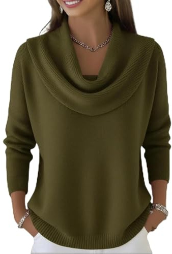 Pull tricoté à col bénitier pour femme à manches longues en cachemire drapé pull décontracté pull en peluche douce superposition élégant pour femme pull décontracté ample en tricot, vert militaire