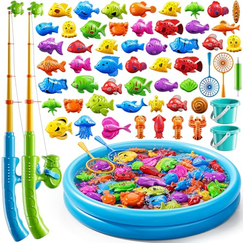 DULONIME Magnet Fishing Game for Kid 3-5 4-8, Bathtub Floating Fishing Pole | Fish Toys for Kids 3-5, Water Table Pool, Rod Net and Pail, Bath Outdoor Gifts for Toddlers Baby Age 3 4 5 6 7 8 Year Old