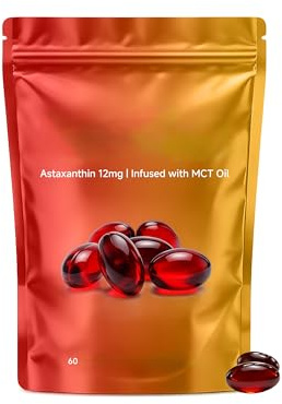 Astaxanthin 12mg| med MCT-olja |Färsk mikroalgerkälla | Stöd för ögon och hud| Icke-GMO, glutenfri (60 count),1Pcs