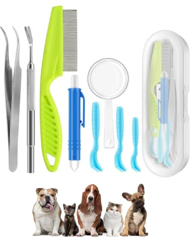 LEEQ Set di Pinzette per Zecche 9 Pezzi con Custodia Pinzette per Zecche Uomo e Cani, Carta per Zecche, Estrattore di Zecche Set Completo per Bambini e Animali Domestici