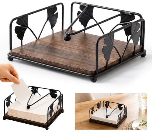 Serviettenhalter, Metal Serviettenhalter Schwarz Serviettenspender mit Holzsockel Napkin Holder mit Vintage-Ginkgoblätterrand Serviettenständer für den Tisch Küche Zuhause