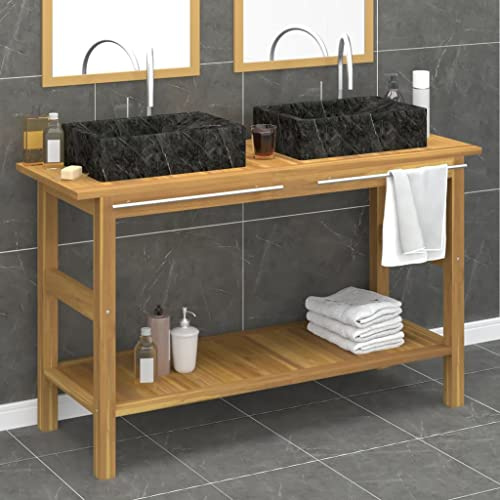 LoogCape Waschtisch aus massivem Teakholz mit schwarzem Marmorbecken, doppelwaschtisch für Badmöbel und Stauraum, stehend mit Handtuchstange, 132 x 45 x 75 cm