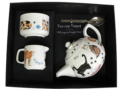 Cats Teapot, Milk jug and Sugar Bowl in Gift Set - Porcelain teapot, with Matching Milk & Sugar in Gift Boxed Package