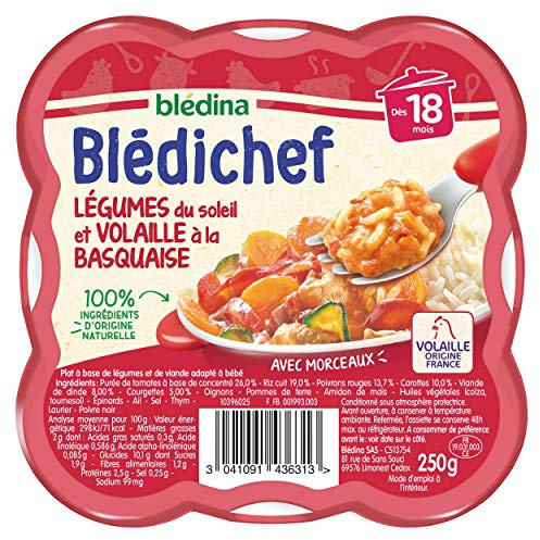 Blédina - Blédichef - Repas Bébé 18 Mois - 9 Plats Légumes Volaille Basquaise - Petits Morceaux - 100% Ingrédients d'Origine Naturelle - Dès 18 Mois - 9 Assiettes 250g
