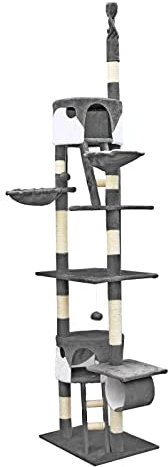 Wiltec Arbre à Chat XXL - 240-260 cm de Hauteur Plafond réglable - Design avec Échelles - Meuble grattage félin Peluche - Couleur Gris-Blanc - Griffoir Grattoir avec Maisonnettes, sisal et niches