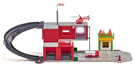 siku 5508, Feuerwache, Rot, Kunststoff, Mit Licht- und Soundeffekten, Inkl. Feuerwehrauto, Hubschrauber, Nebengebäude und Aufkleber-Set