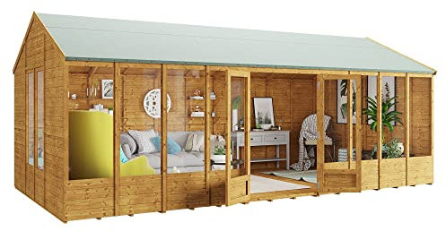 BillyOh Petra 20x10 Reverse Apex Summer House Shed, Log Cabin | Wooden Garden Room with Wide Double Doors, Tear Resistant Felt, Tongue and Groove Construction | Versatile Tiny Home or Garden Office