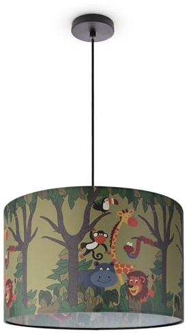 Paco Home Hängelampe Mädchen Junge Pendellampe Kinderzimmer Lampe Deckenlampe Stoff E27 Lampenschirm Dschungel Tiere 1,5m Textilkabel Kürzbar Jungle