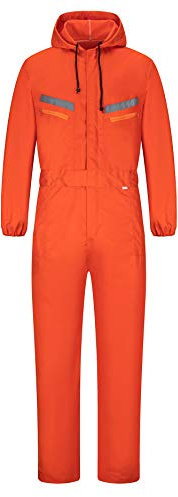 Yukirtiq Hombre Pantalones con Peto de Trabajo para jardín y Garaje, Encapuchado Mono de Trabajo Mecánico o Industria Cintas Reflectantes Resistente al Aceite para Mecánicos, Naranja, XS