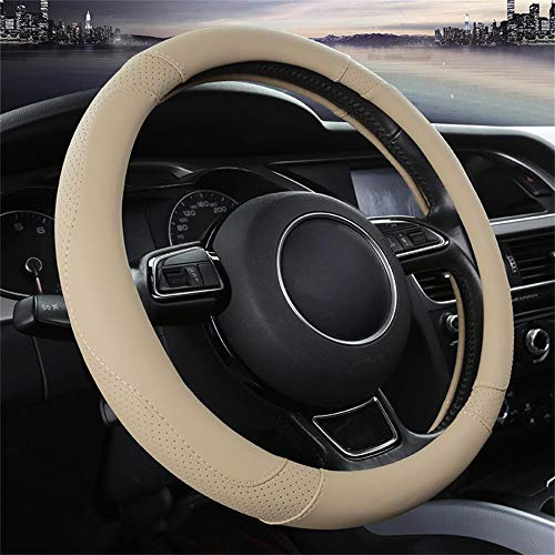 Couverture Universelle de Volant en Cuir véritable Robuste Housse de Volant antidérapante Protecteur de Volant 37-38CM / 15 `` (Beige)