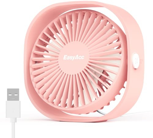 EasyAcc USB-skrivbordsfläkt, 5,9 m/s kraftfull mini skrivbord USB-skrivbordsfläkt 3 hastigheter, 360° justerbar, ljudlös design, rosa