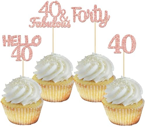 Gyufise 24Pcs Rose Gold Glitter 40th Birthday Cupcake Toppers Hello 40 Forty Cake Decorations 40 & Fabulous Cupcake Picks for 40th Birthday Cake Decorations Supplies