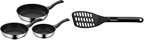 WMF Devil - Juego de 2 Sartenes con Revestimiento Antiadherentes 24-28 cm de Acero Inoxidable y Espátula de Plástico de 31cm con curvatura y cavidades Todo Tipo de Cocinas Incluido Inducción, sin PFOA