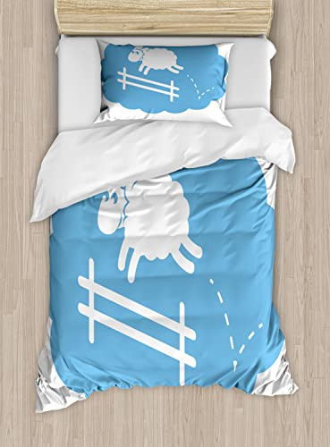 Ambesonne Fence Duvet Cover Sets, Sheep Jumping Over a Fence in Cloud Sleep Bubble Shower Cartoon, Bedding Set with 2 Duvet Covers & 2 Pillowcases, 2 Pack Twin Size, Pale Azure Blue White