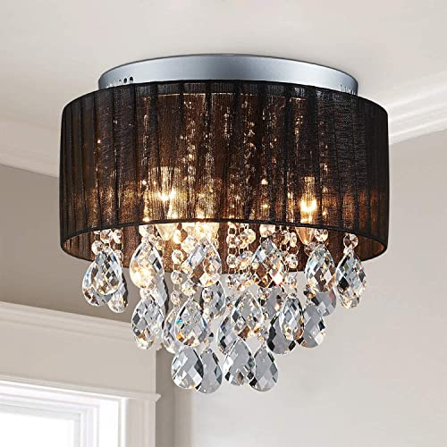 SHRINE K9 Lustre Cristal, Plafonnier noir, idéal pour chambre à coucher, salon ou salle à manger, D33 x H28cm, 3 douilles E14 (ampoules non fournies), Abat-jour en tissu noir avec structure chromée